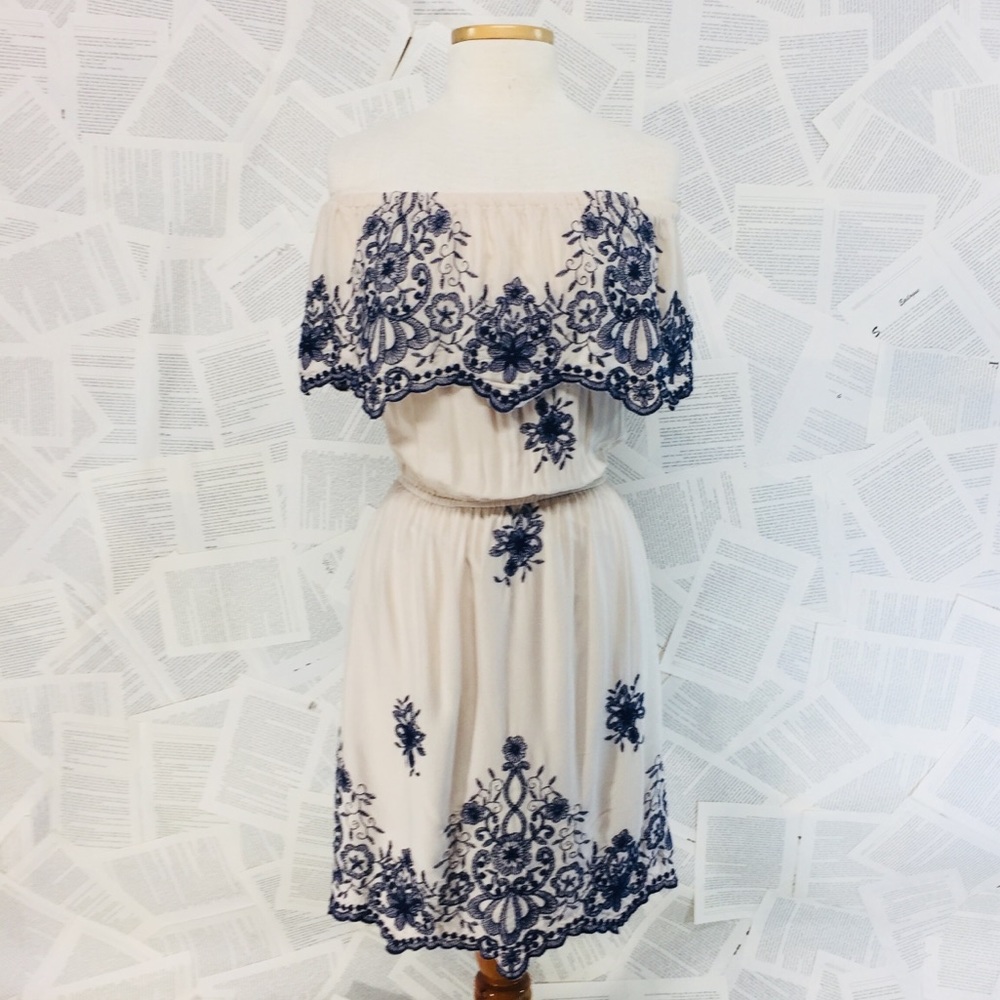 Off Shoulder Floral Embroidered Cream Dress